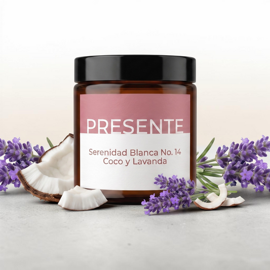 Vela aromática PRESENTE Taller Artesanal Serenidad Blanca No. 14 con notas de lavanda silvestre y coco en frasco ámbar