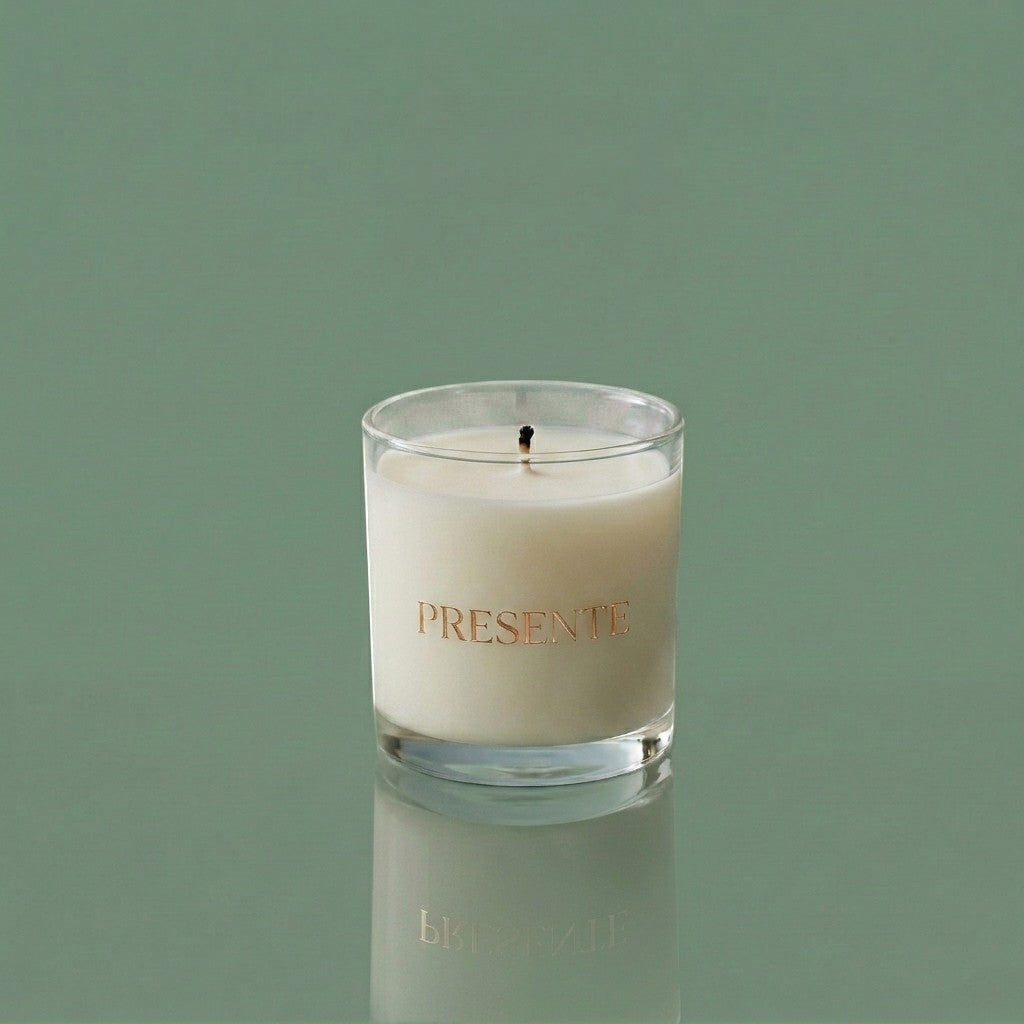 PRESENTE Taller Artesanal Cacao No. 8 scented candle in a clear glass jar with a copper logo. Creamy white wax.