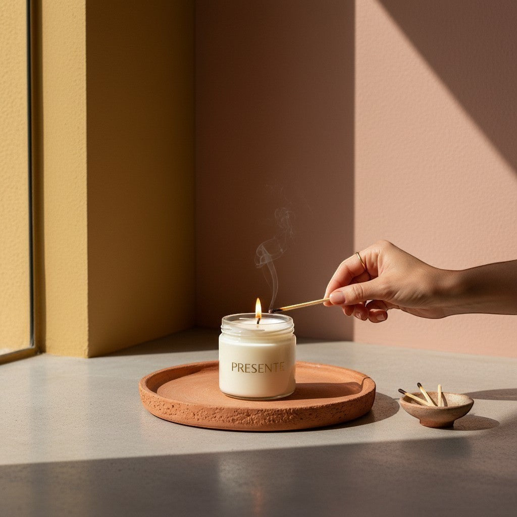 PRESENTE Taller Artesanal Alba No. 2 candle with bright bergamot and warm sandalwood scents, lit by a match.
