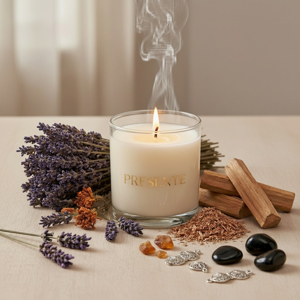 PRESENTE Taller Artesanal white lavender scented candle in glass jar with gold lettering, surrounded by lavender sprigs, palo santo wood, and amber crystals.