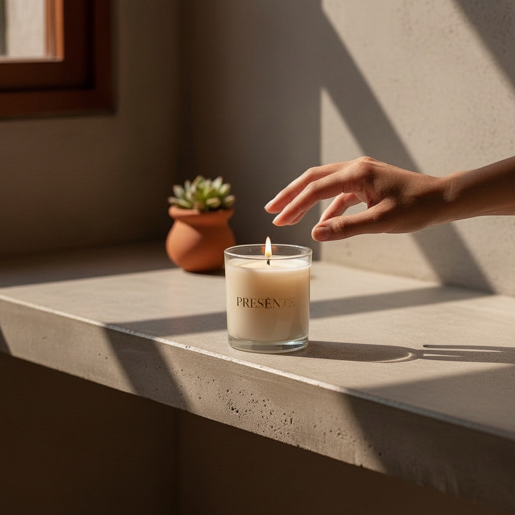 PRESENTE Taller Artesanal lavender scented candle in a glass jar, lit with a flame.