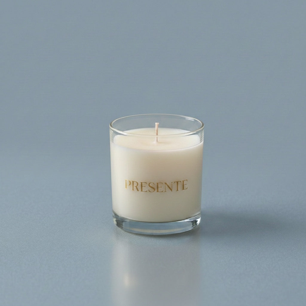 PRESENTE Taller Artesanal No. 1 lavender scented candle in a clear glass jar with gold lettering.