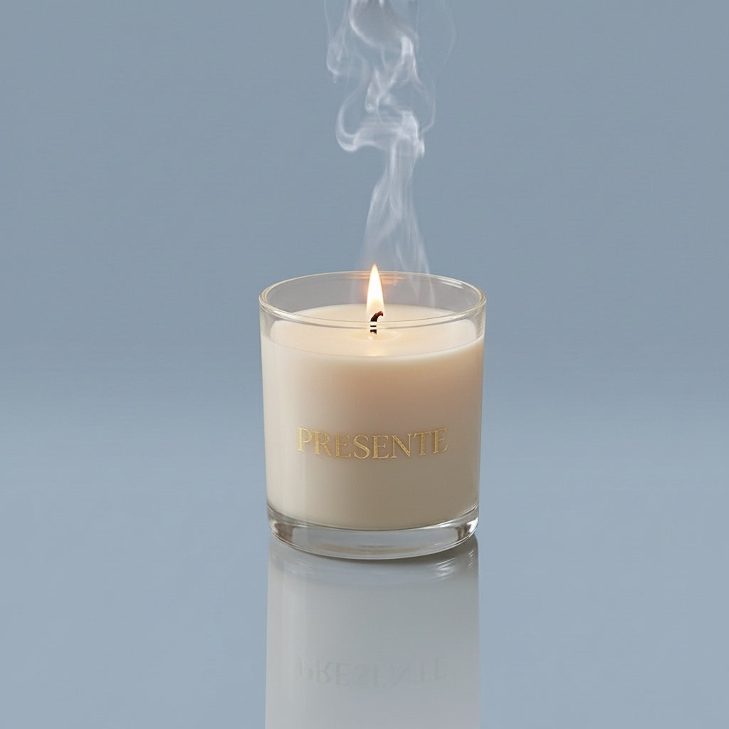 PRESENTE Taller Artesanal lavender scented candle in a glass jar with gold lettering, emitting smoke.