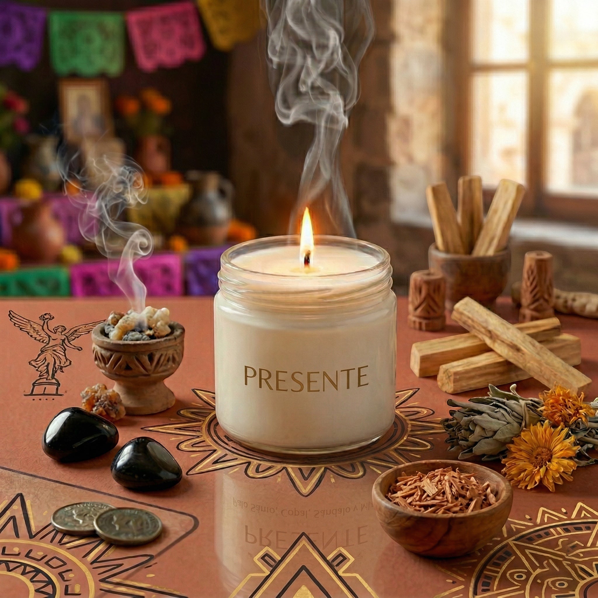 PRESENTE Taller Artesanal RITUAL No. 5 aromatherapy candle in glass jar, with Palo Santo, Copal, Sandalwood, and Myrrh scents for peace and serenity.