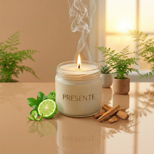 PRESENTE Taller Artesanal Alba No. 2 candle with bergamot and sandalwood. Cream wax in glass jar with lit flame.