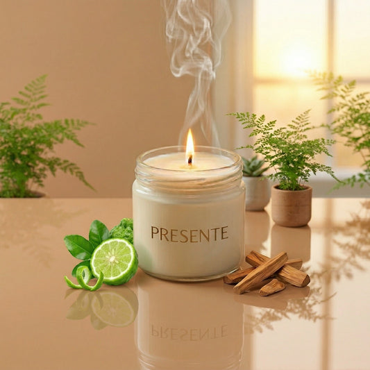 PRESENTE Taller Artesanal Alba No. 2 candle with bergamot and sandalwood. Cream wax in glass jar with lit flame.