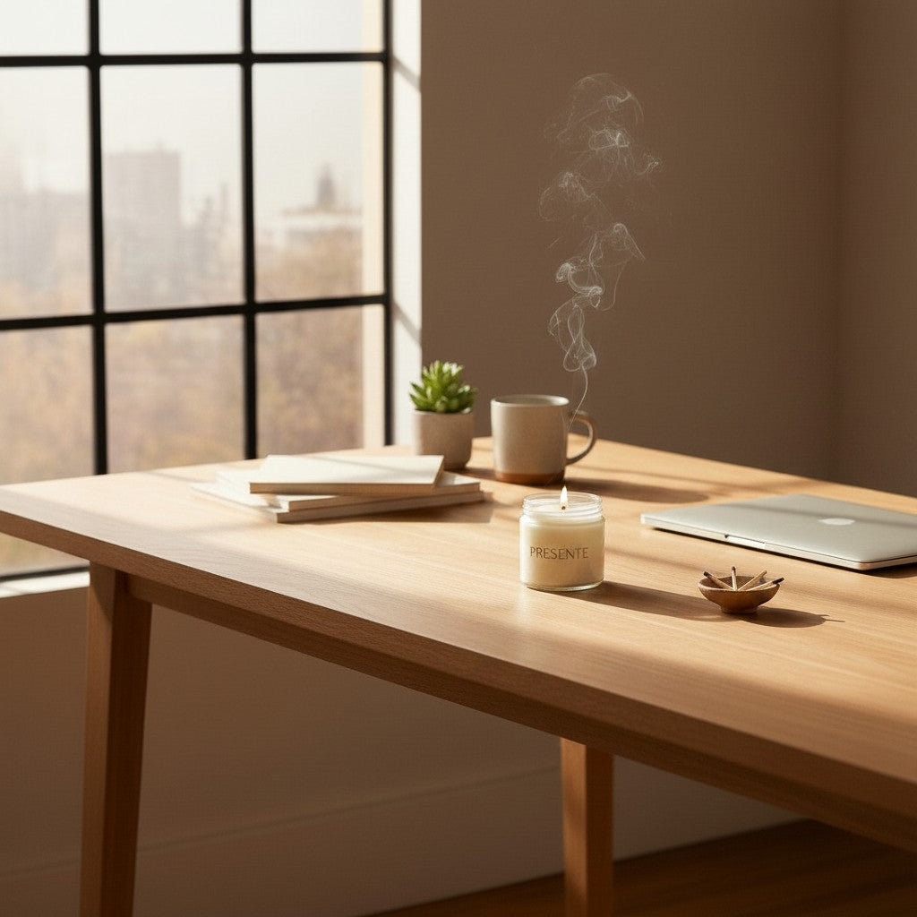PRESENTE Taller Artesanal Alba No. 2 candle with bergamot and sandalwood scent, lit on a wooden desk.