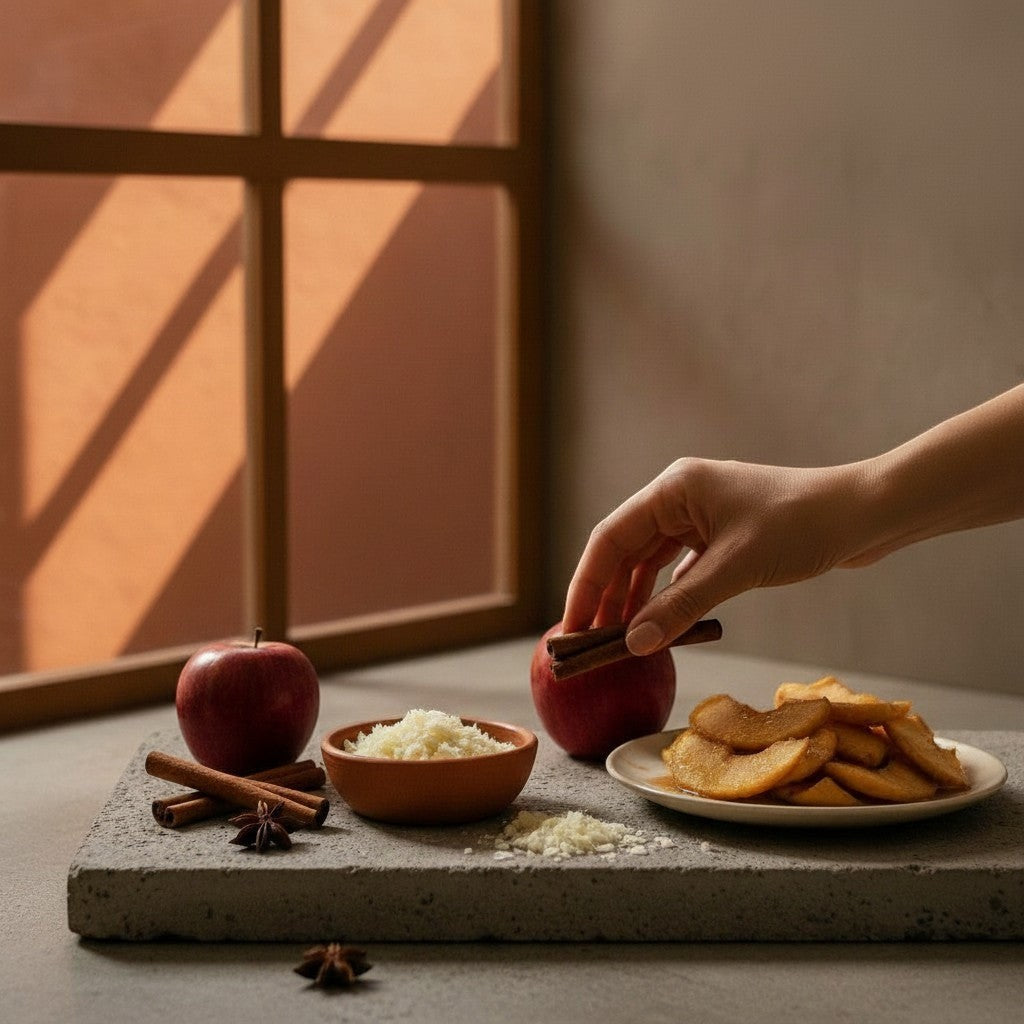 PRESENTE Taller Artesanal Tarta de Manzana candle ingredients: apples, cinnamon sticks, grated zest, and caramelized apple slices.