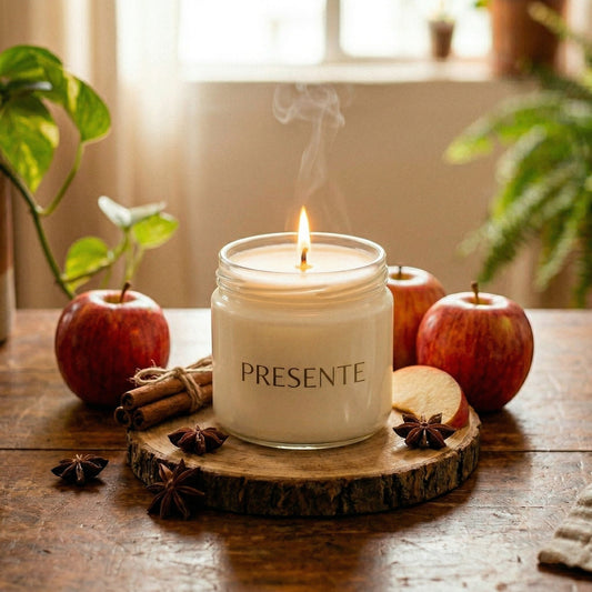 PRESENTE Taller Artesanal apple cinnamon scented candle in glass jar with lit flame, surrounded by apples and cinnamon sticks. PRESENTA Vela aromática de manzana y canela de Taller Artesanal en frasco de vidrio con llama encendida, rodeada de manzanas y ramas de canela.