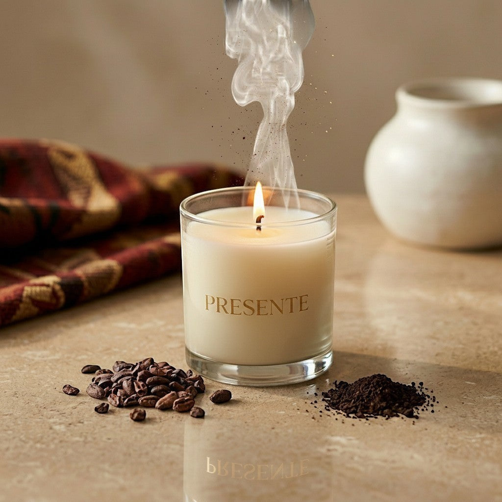PRESENTE Taller Artesanal Cacao No. 8 scented candle in a glass jar, with cocoa beans and grounds.