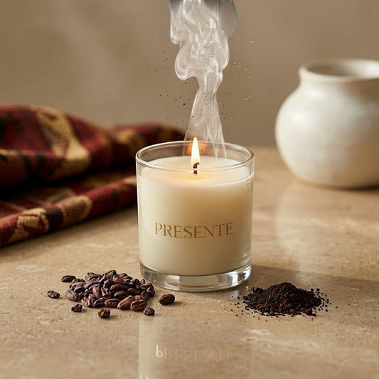 PRESENTE Taller Artesanal Cacao No. 8 scented candle in a glass jar, with cocoa beans and grounds.