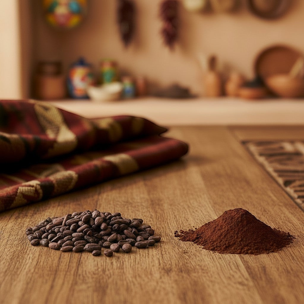 PRESENTE Taller Artesanal Cacao No. 8 fragrance with roasted cacao beans and powder on wooden table.