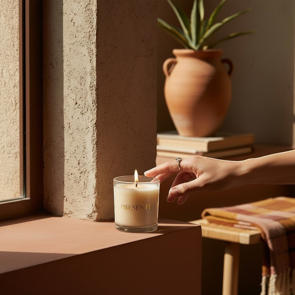 PRESENTE Taller Artesanal Cacao No. 8 scented candle in a glass jar with a lit wick.