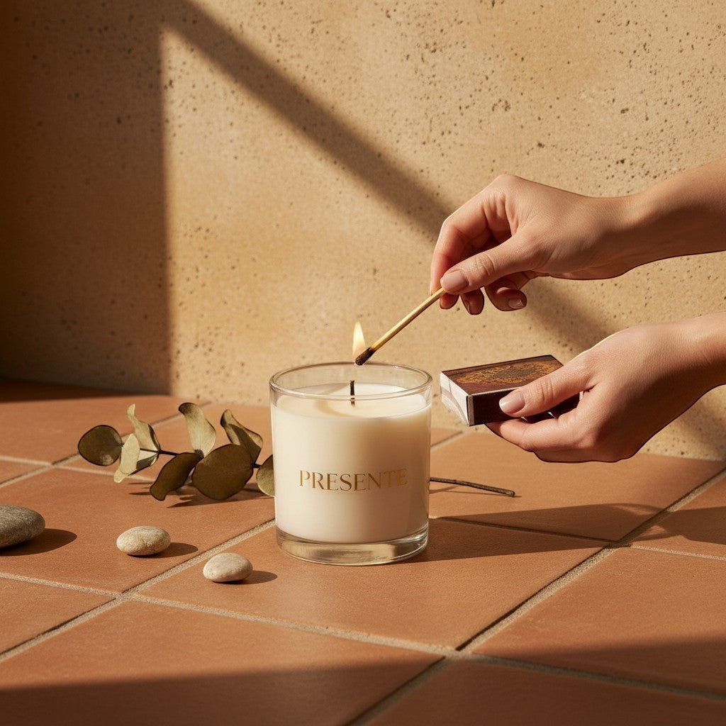 PRESENTE Taller Artesanal Cacao No. 8 scented candle in a clear glass jar with a golden logo. Cream-colored wax.