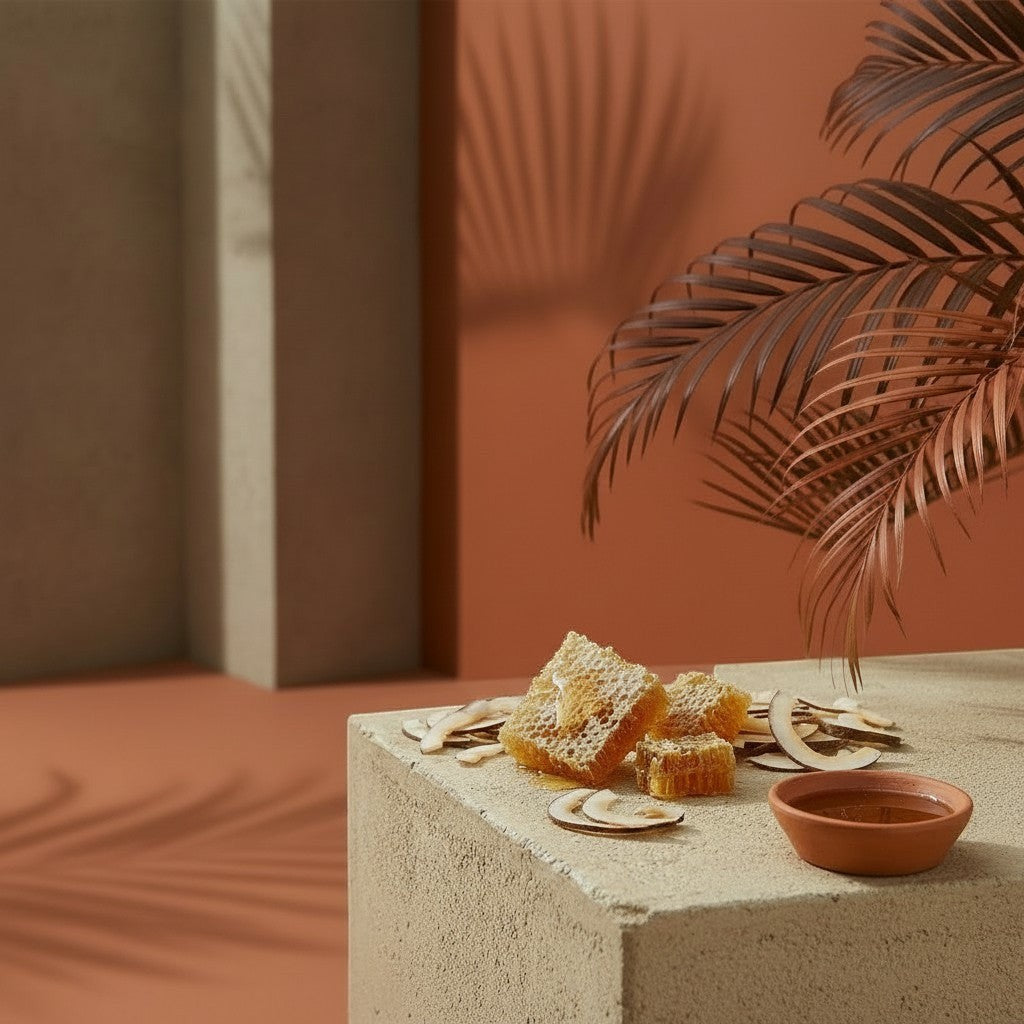 PRESENTE Taller Artesanal Calidez Tropical candle with honey and coconut notes, in a glass jar.
