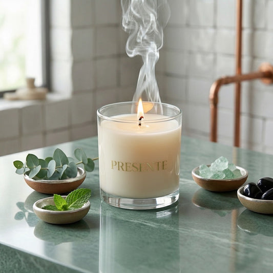 PRESENTE Taller Artesanal Eucalipto No. 12 scented candle in a clear glass jar with a light blue wax. Features eucalyptus and mint.