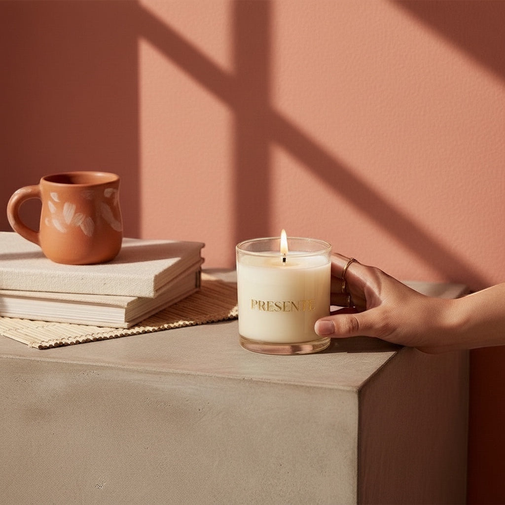 PRESENTE Taller Artesanal Eucalipto No. 12 scented candle in a glass jar with a light green wax and a lit flame.