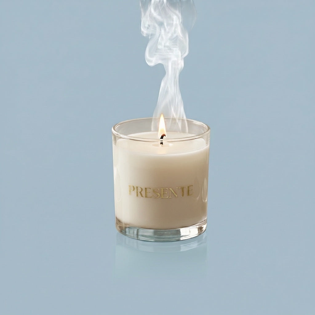 PRESENTE Taller Artesanal Eucalipto No. 12 scented candle in a glass jar with a light green wax and gold lettering.