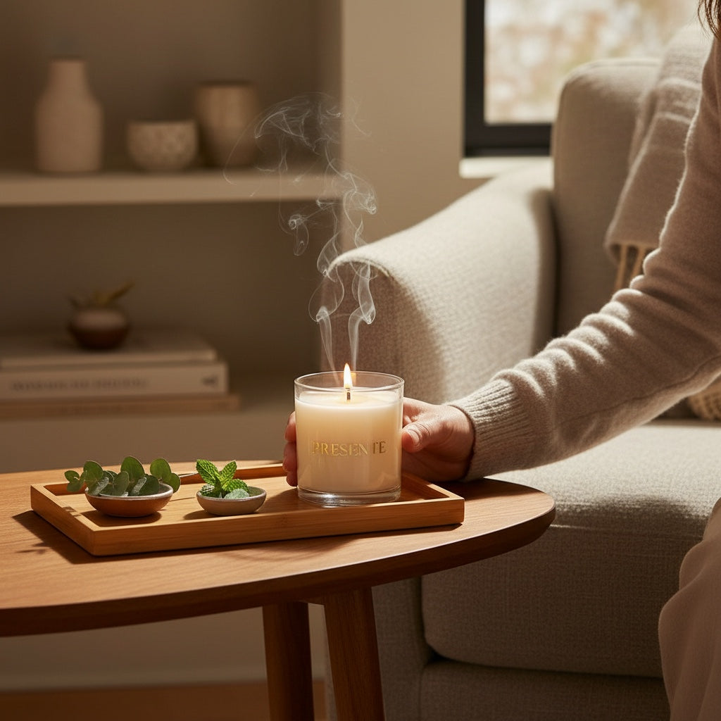 PRESENTE Taller Artesanal Eucalipto No. 12 scented candle in glass jar, with mint and eucalyptus sprigs.