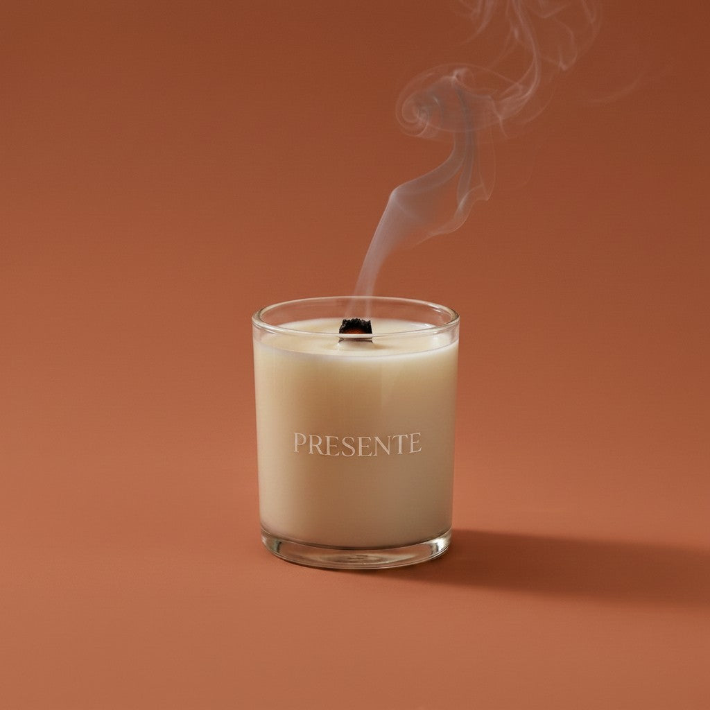 PRESENTE Taller Artesanal Calidez Tropical candle with honey, coconut, and vanilla scents. Glass jar with smoke rising.
