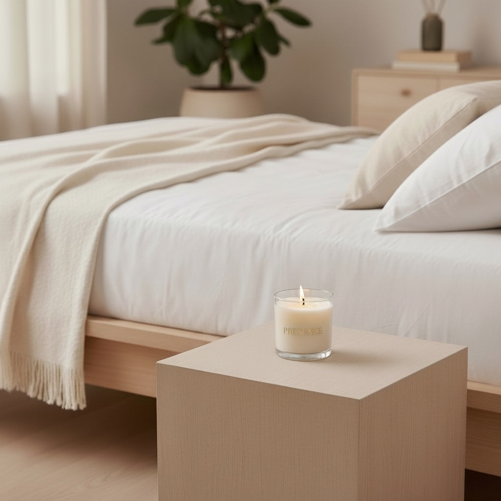 PRESENTE Taller Artesanal Lavanda No. 1 scented candle in glass jar, burning with smoke, on bedside table with dried flowers and stones.