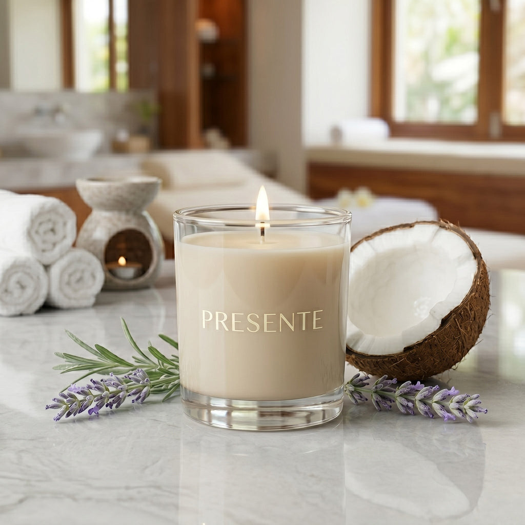 PRESENTE Taller Artesanal Serenidad Blanca No. 14 candle with lavender and coconut. Calming, clean scent.  PRESENTE Taller Artesanal Serenidad Blanca Vela N°14 con lavanda y coco. Aroma calmante y limpio.