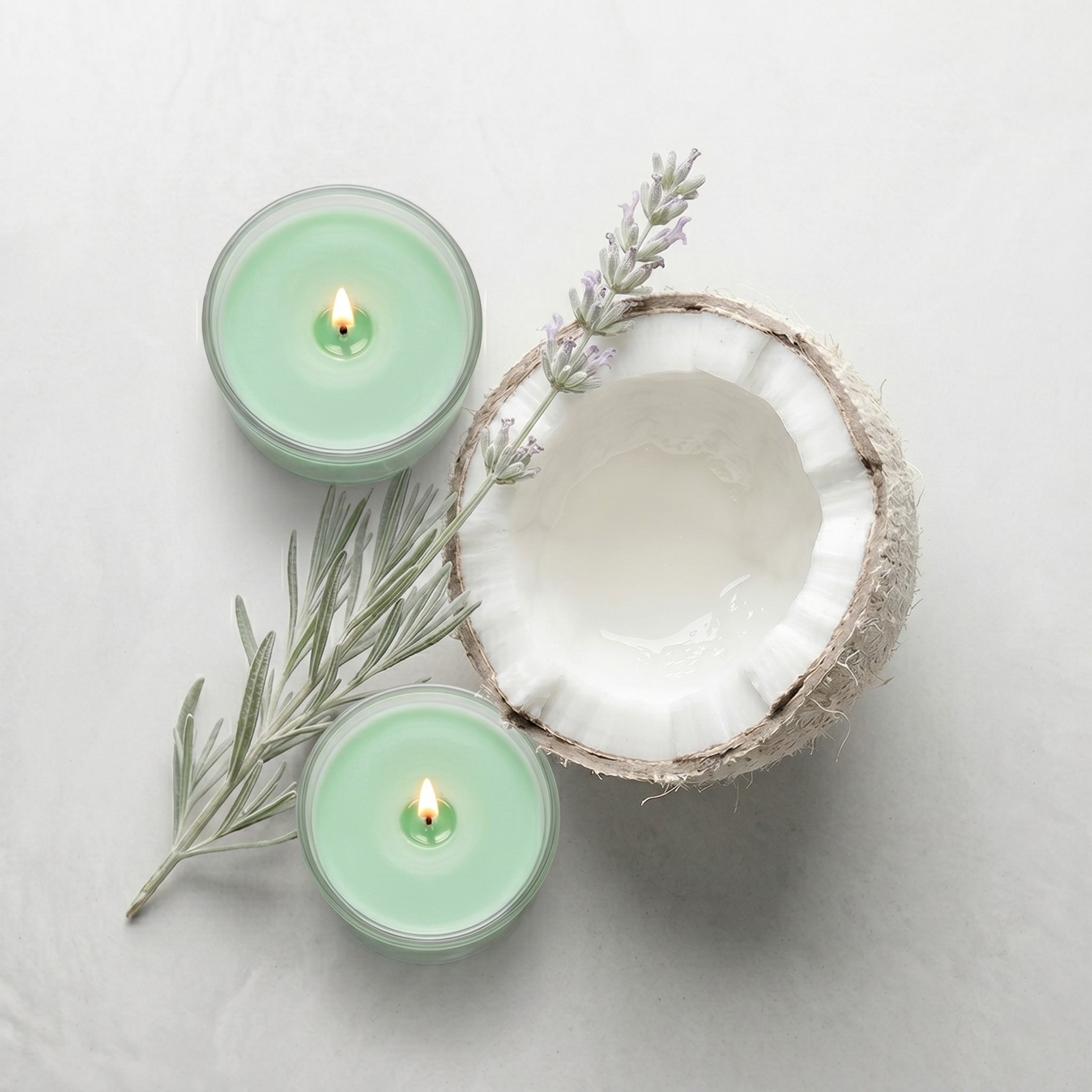 PRESENTE Taller Artesanal Serenidad Blanca No. 14 candle with lavender and coconut. Green candle with a lit flame. PRESENTE Taller Artesanal Serenidad Blanca Vela N°14 con lavanda y coco. Vela verde con una llama encendida.