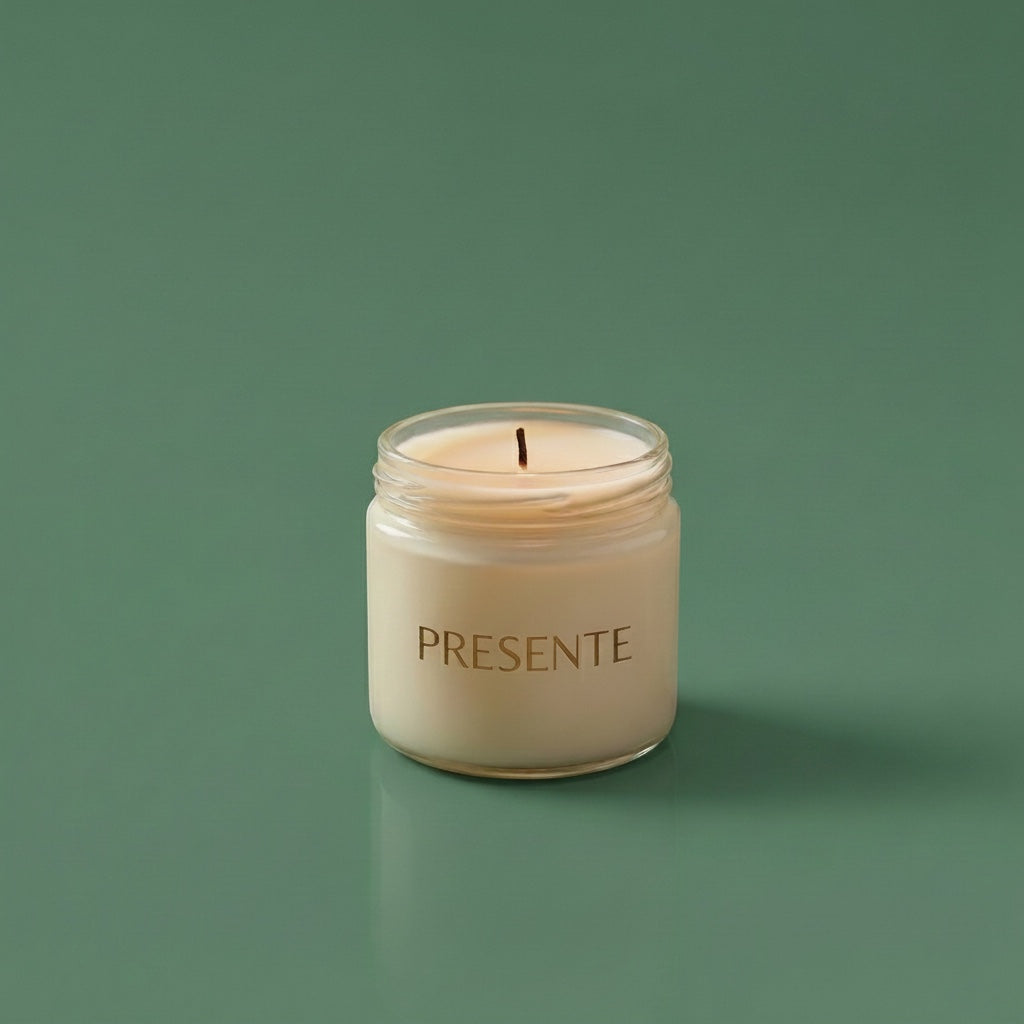 PRESENTE Taller Artesanal RITUAL No. 5 aromatherapy candle in a glass jar with a natural wax blend, featuring Palo Santo, Copal, Sandalwood, and Myrrh scents.