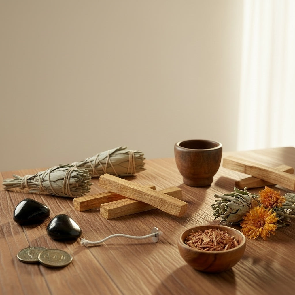 PRESENTE Taller Artesanal RITUAL No. 5 Palo Santo sticks, sage bundle, black stones, and dried flowers for spiritual cleansing and meditation.