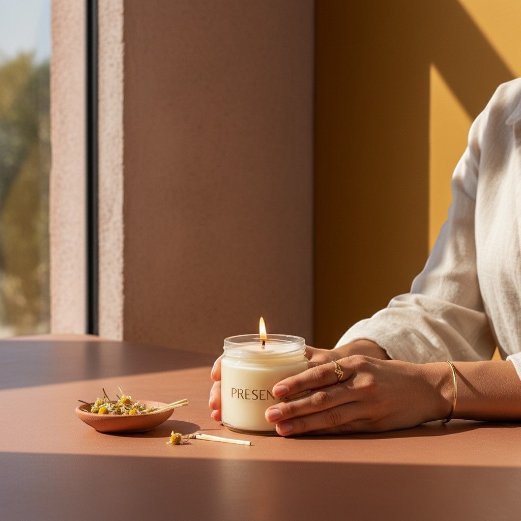 PRESENTE Taller Artesanal RITUAL No. 5 scented candle in glass jar, with natural wax and a lit wick. Ideal for meditation and relaxation.