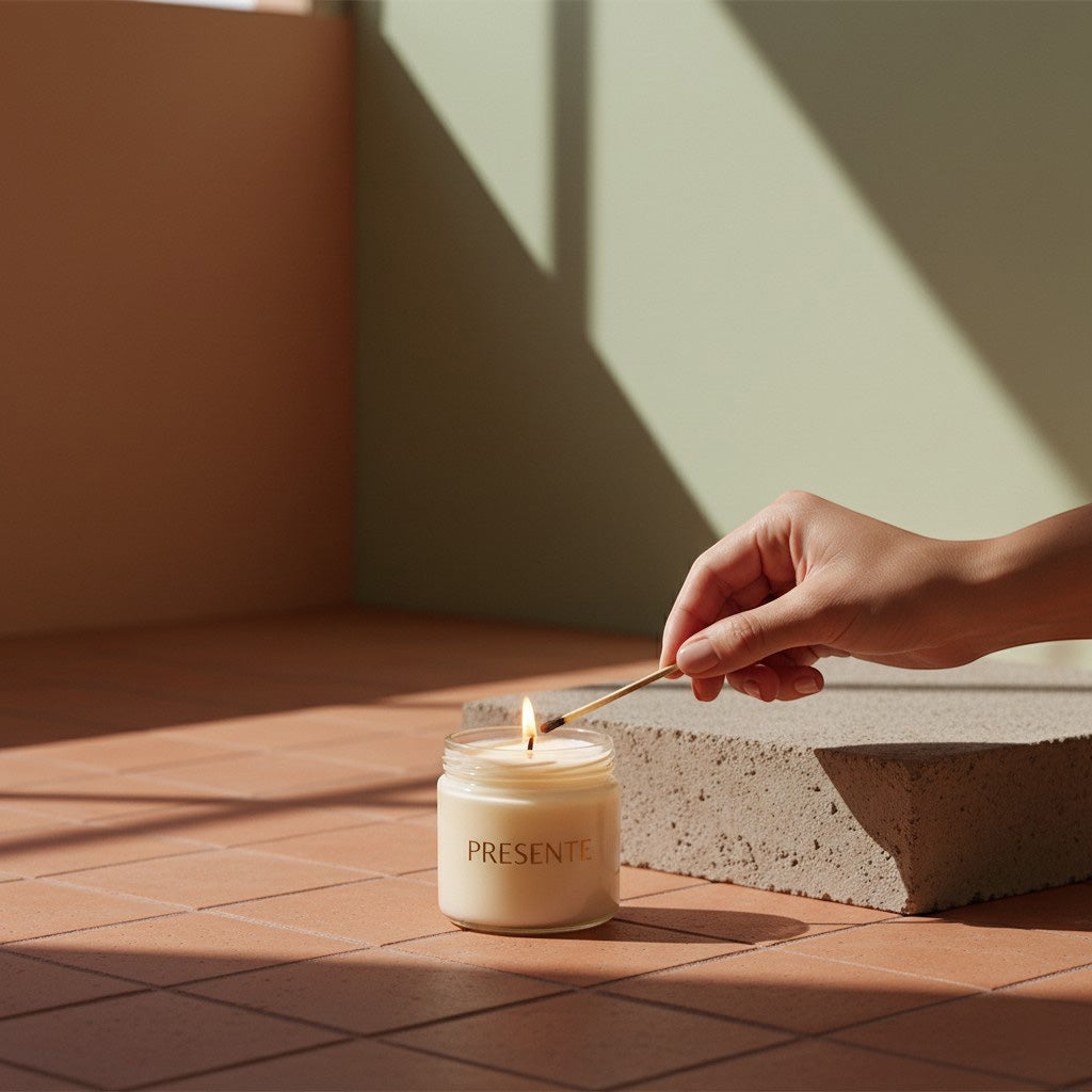 PRESENTE Taller Artesanal RITUAL No. 5 scented candle in glass jar, lit with a match. Notes of Palo Santo, Copal, Sandalwood, Myrrh.