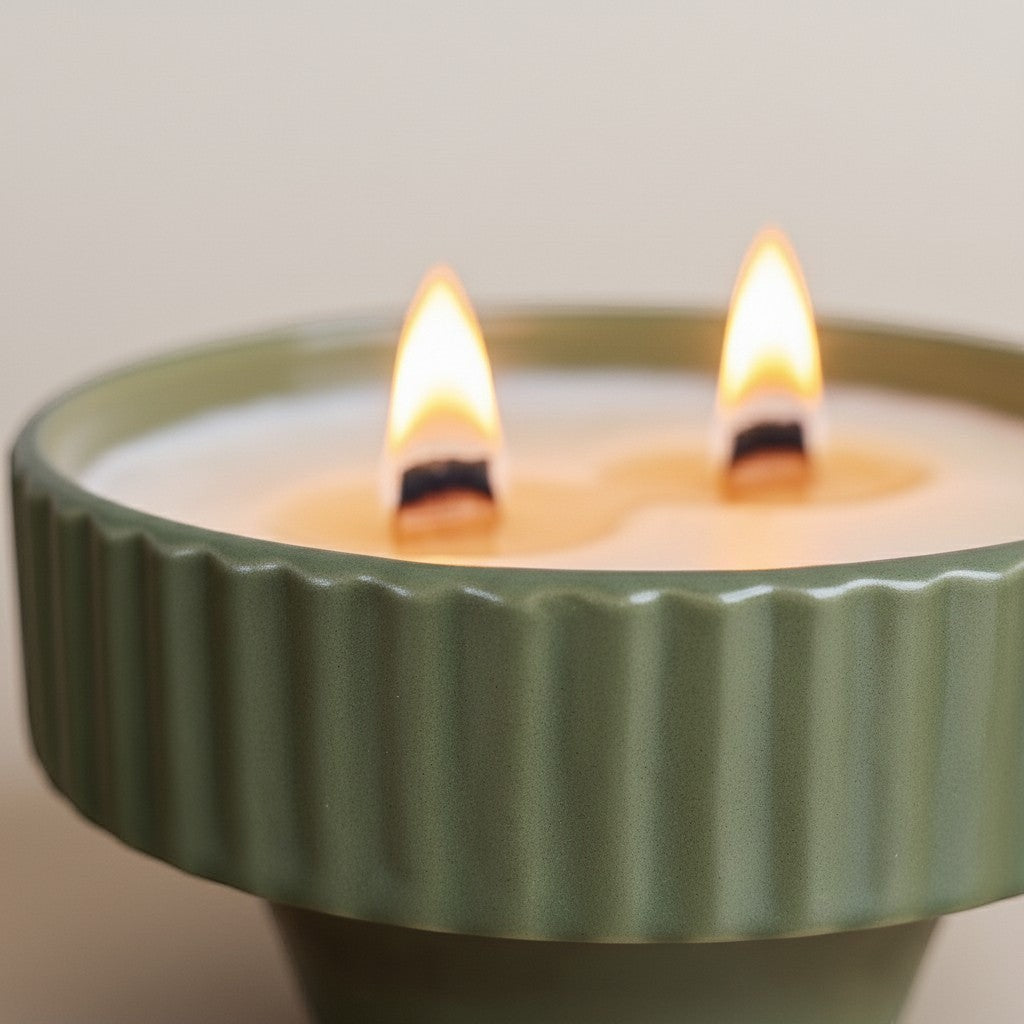 PRESENTA Vela de cerámica acanalada de color verde salvia de Taller Artesanal con dos mechas de madera y fragancia de vainilla.