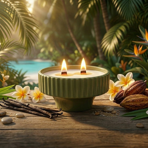 PRESENTA una vela de cerámica acanalada de color verde salvia de Taller Artesanal con dos mechas de madera, vainas de vainilla, cápsulas de cacao y flores de plumeria.
