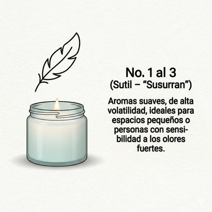 Vela aromática PRESENTE Taller Artesanal Alba No. 2 en frasco de vidrio con ilustración de pluma y escala de intensidad