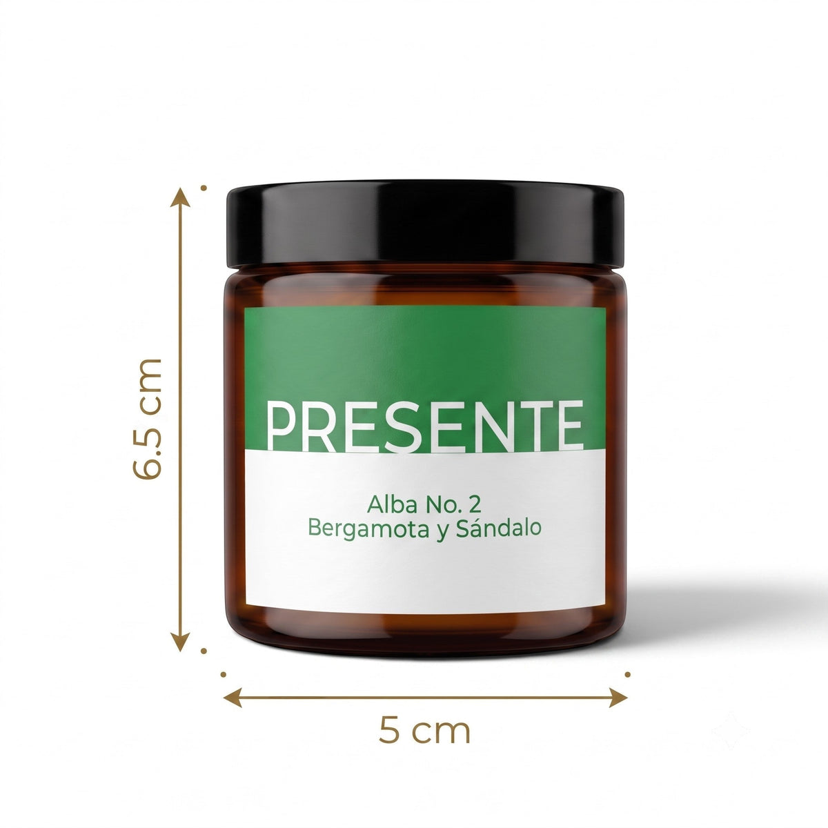 Vela aromática PRESENTE Taller Artesanal Alba No. 2 de bergamota y sándalo en frasco de vidrio ámbar con tapa negra