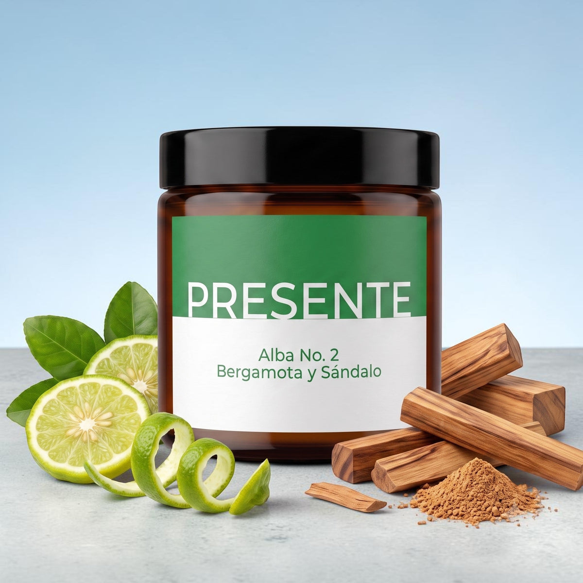 Vela aromática PRESENTE Taller Artesanal Alba No. 2 con notas de bergamota italiana y sándalo en frasco de vidrio