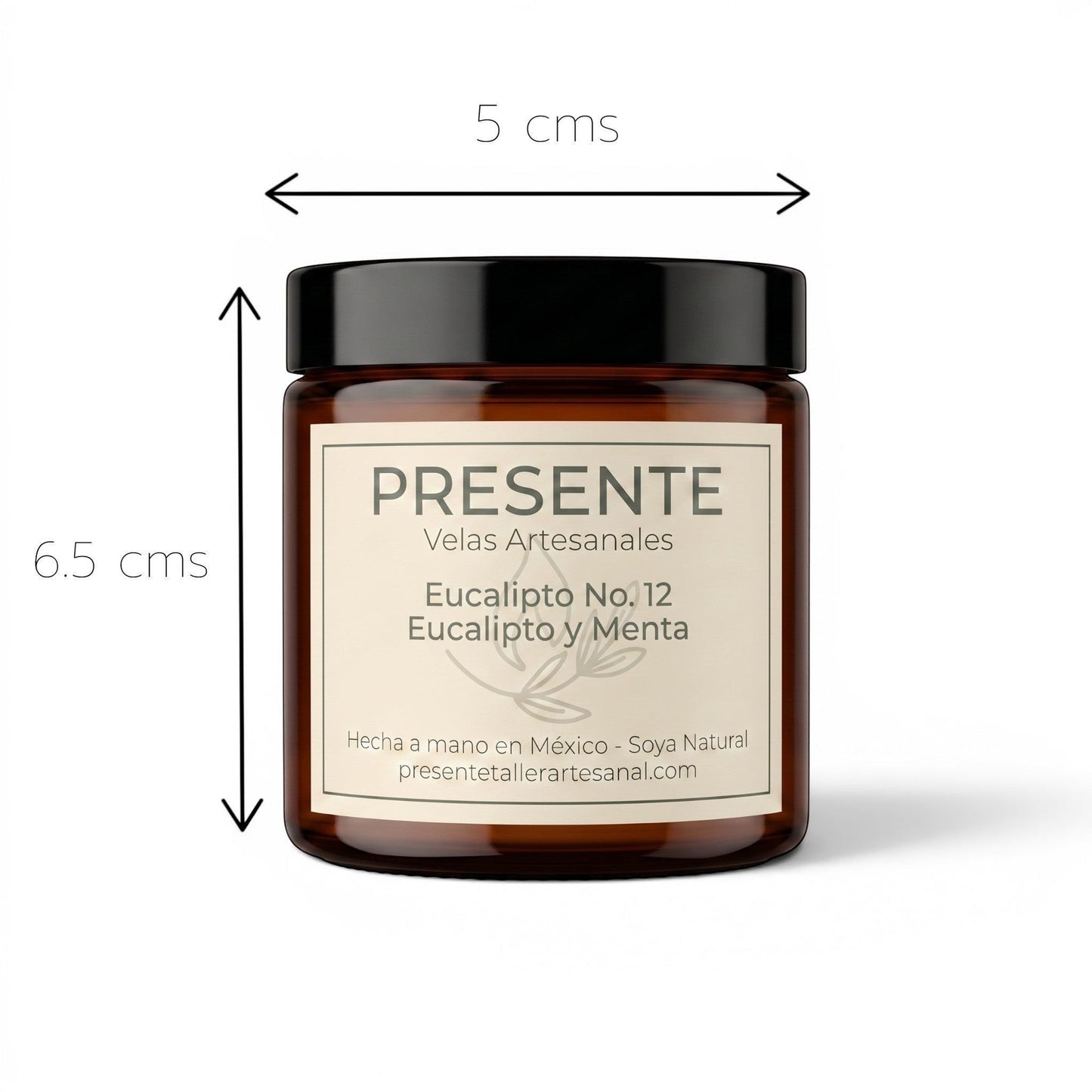 Vela aromática PRESENTE Taller Artesanal Eucalipto No. 12 de cera de soya en frasco de vidrio ámbar con tapa negra