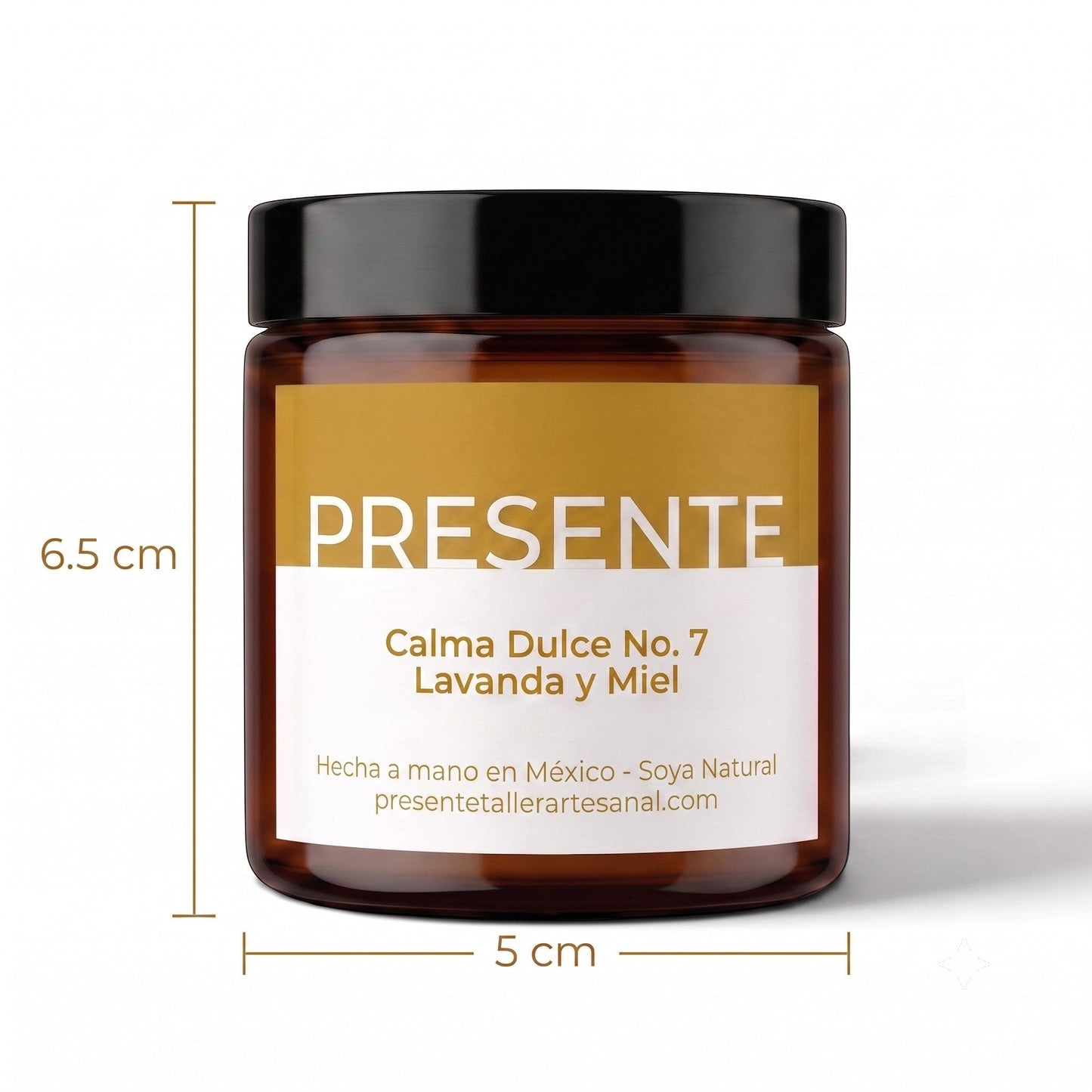 Vela aromática PRESENTE Taller Artesanal Calma Dulce No. 7 de lavanda y miel en frasco de vidrio ámbar de 6.5 cm