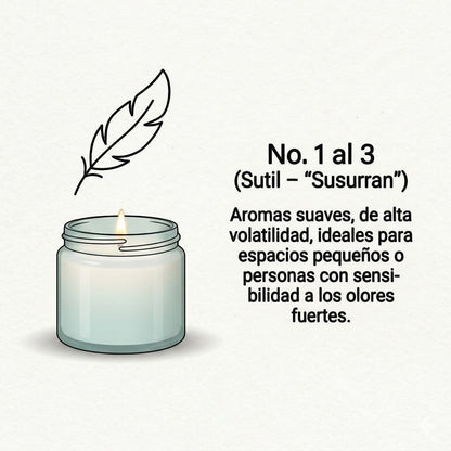 Vela artesanal de soya PRESENTE Taller Artesanal Lavanda No. 1 con ilustración de pluma y escala de intensidad sutil