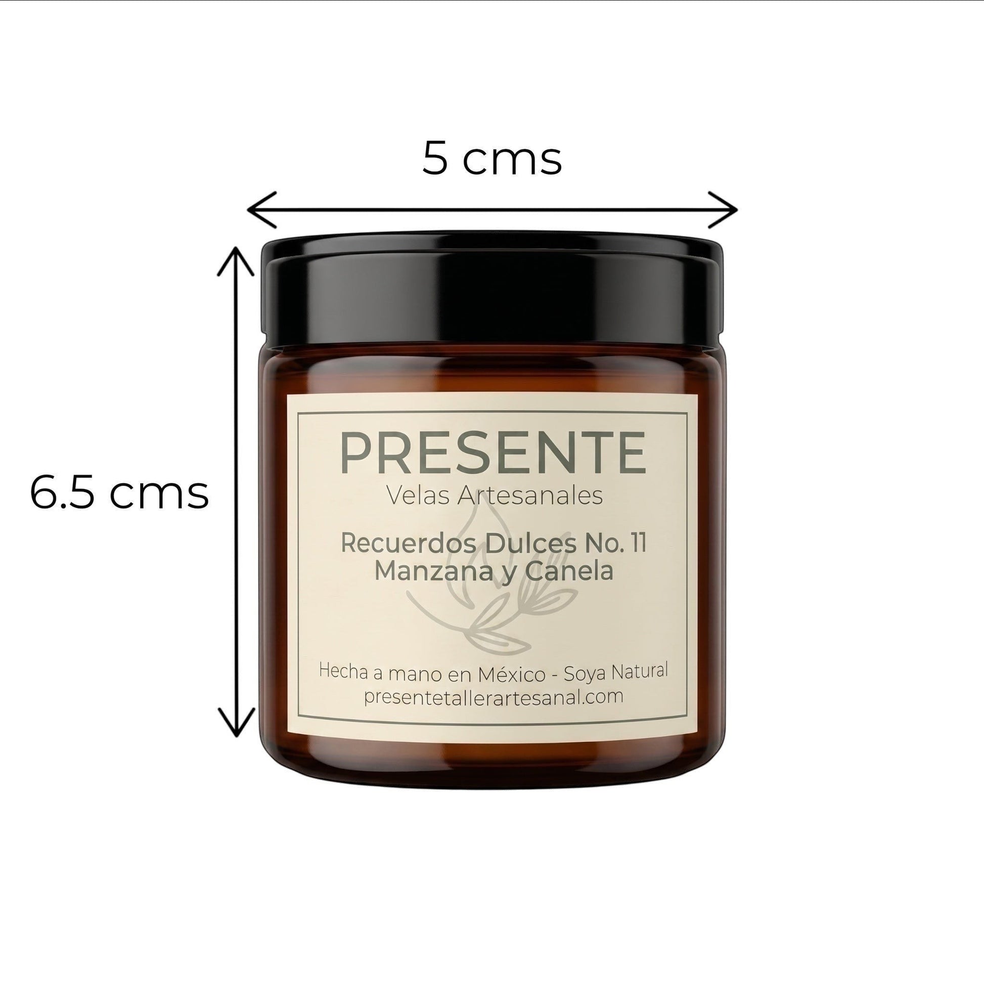 Vela artesanal PRESENTE Taller Artesanal de manzana y canela en frasco de vidrio ámbar de 90g con etiqueta minimalista
