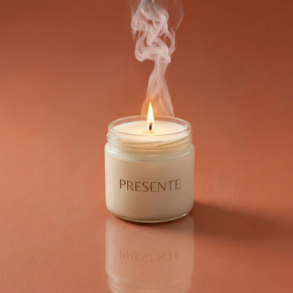 PRESENTE Taller Artesanal Tarta de Manzana candle with caramelised apple, cinnamon, and vanilla notes. Burning candle with smoke. PRESENTA la vela Taller Artesanal Tarta de Manzana con notas de manzana caramelizada, canela y vainilla. Vela encendida con humo.